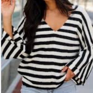 Bobbles & Lace black and white striped oversized V-neck sweater, size S
